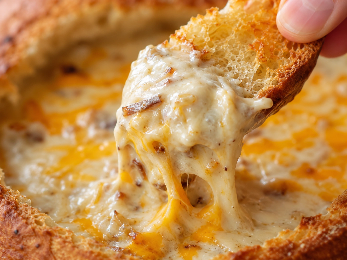 Warm cheesy cob loaf dip being scooped with toasted bread